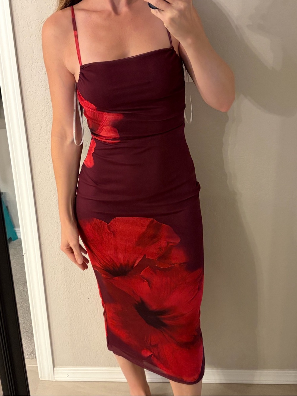 Lulu's Burgundy Midi Slip Dress with Red Floral Print